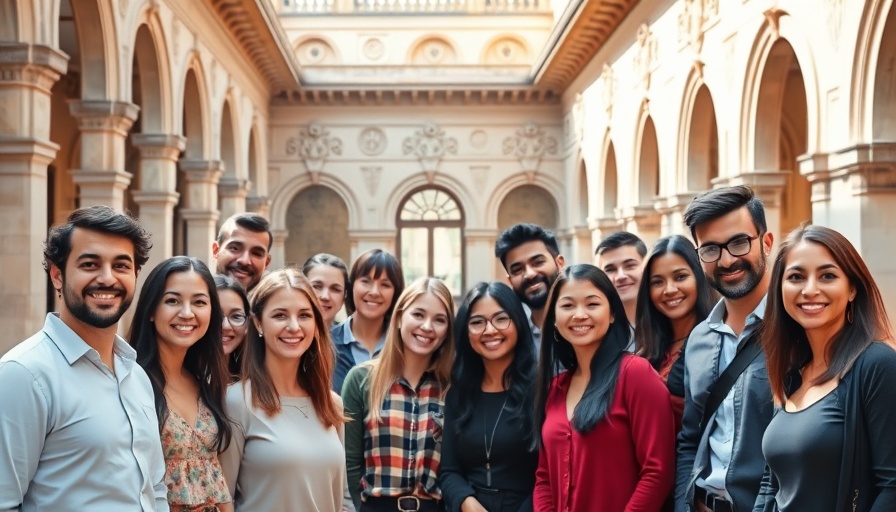 Team retreats in remote work, diverse group gathering in a grand courtyard.