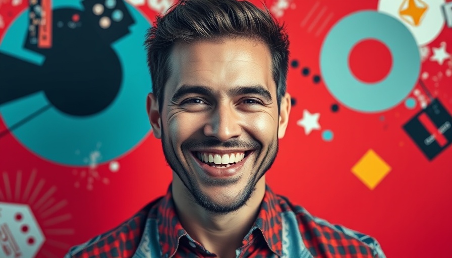 Artistic graphic illustrating AI and experimentation in marketing with a man smiling.