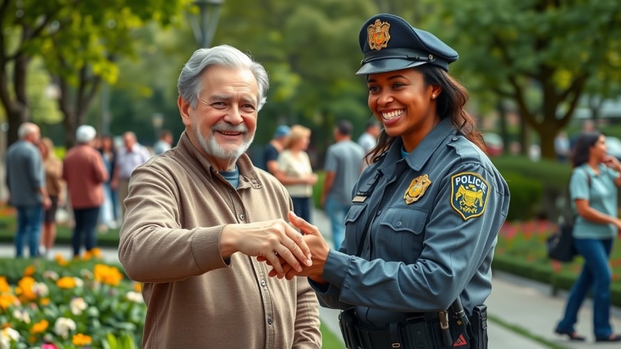 Trustworthy police officer building trust by shaking hands with community member