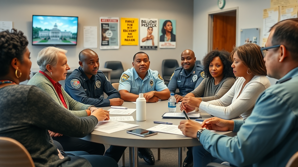 Police officers using community communication strategies in a diverse roundtable discussion with residents