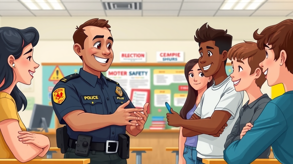 Police officer using community communication strategies in a classroom discussing public safety with teenagers