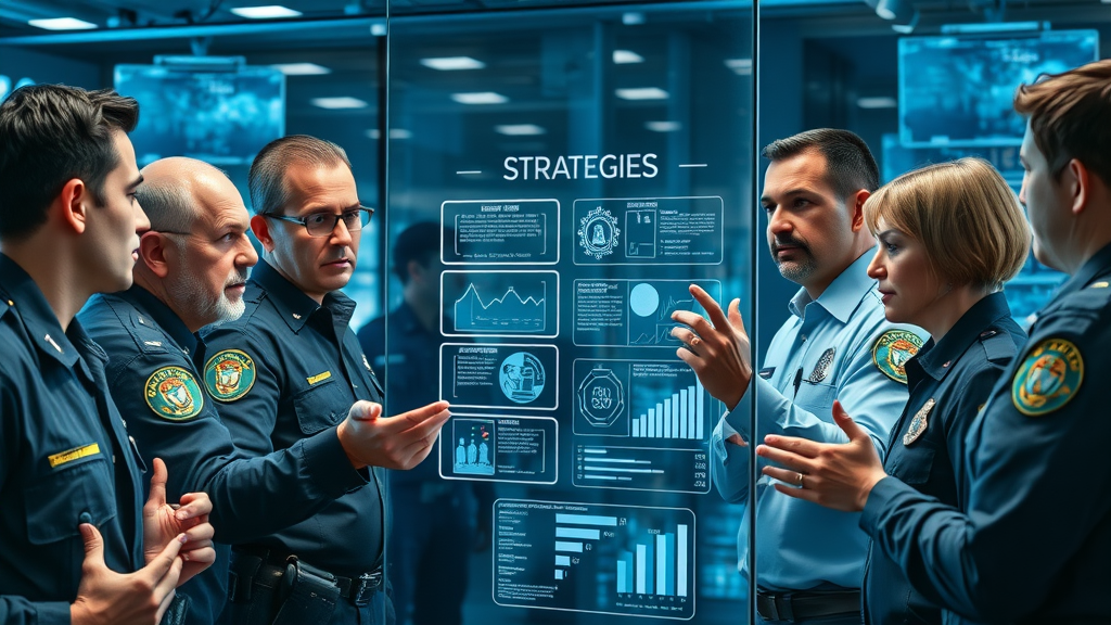 Police leadership team applying community communication strategies in a futuristic control room