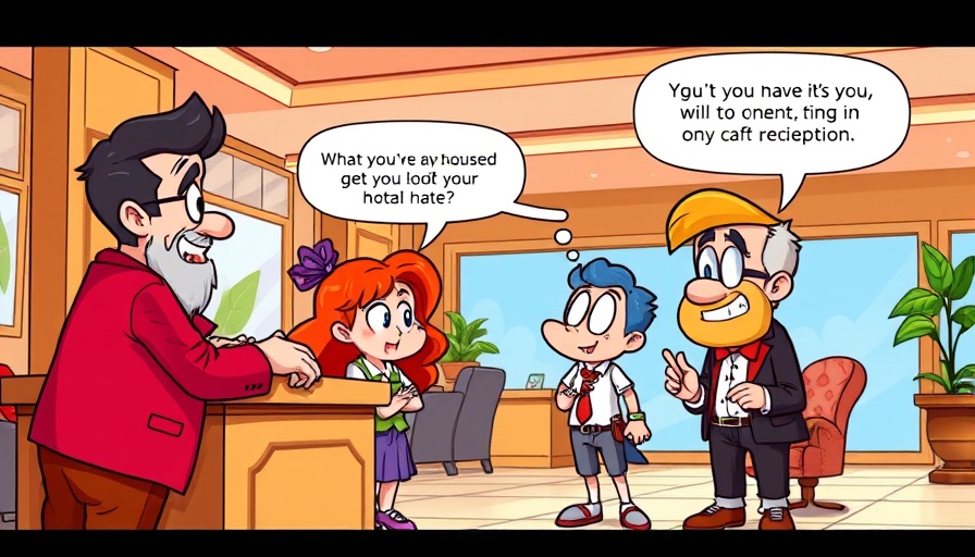 Customer experience humor in law enforcement cartoon at hotel reception.