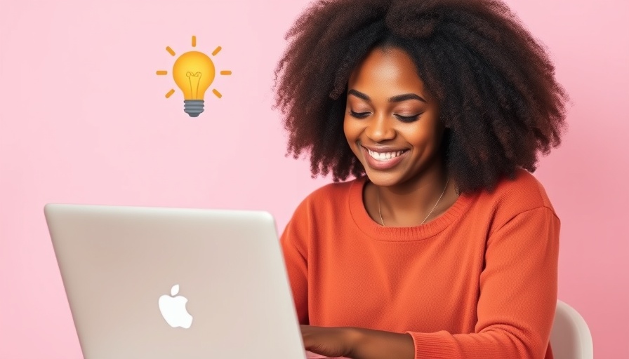 Young woman smiling at laptop, brand monitoring for MedSpas inspiration.