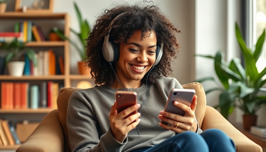 Woman enjoying music with headphones, sitting comfortably in a cozy space.