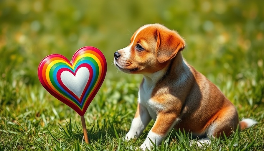 Dog gazing at rainbow heart on grass, LGBTQ+ Inclusivity in Veterinary Practices.