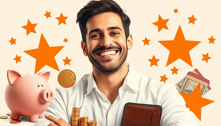 Vibrant man with piggy bank and cash, low-budget scrappy marketing.