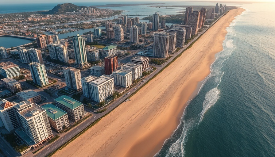 Aerial view of Florida cityscape along the beach at sunset.