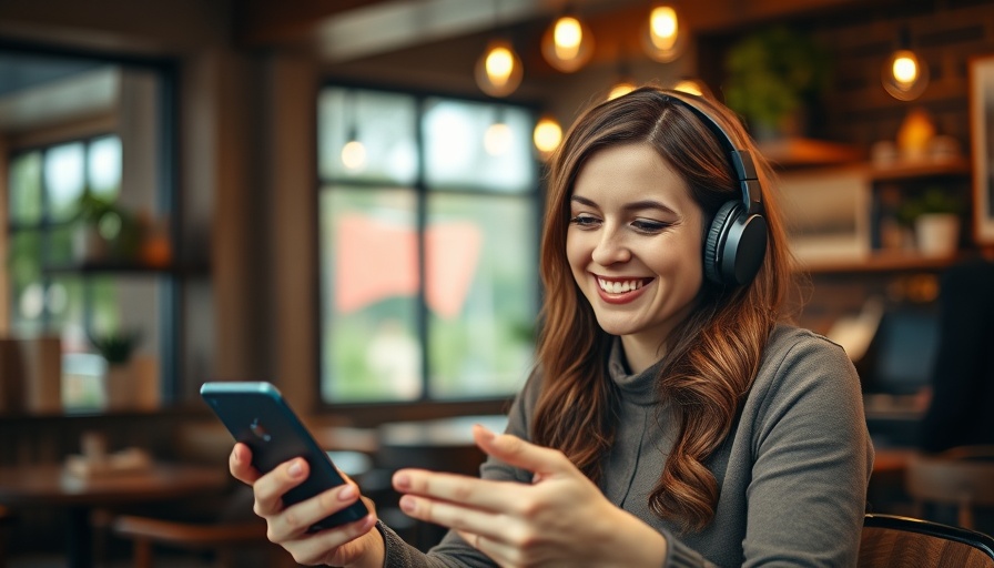 Woman enjoys trending audio on Instagram, smiling in cafe.
