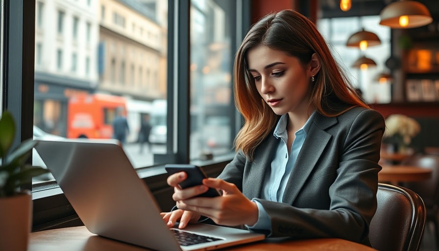 Young woman working on social media consistency in cafe.