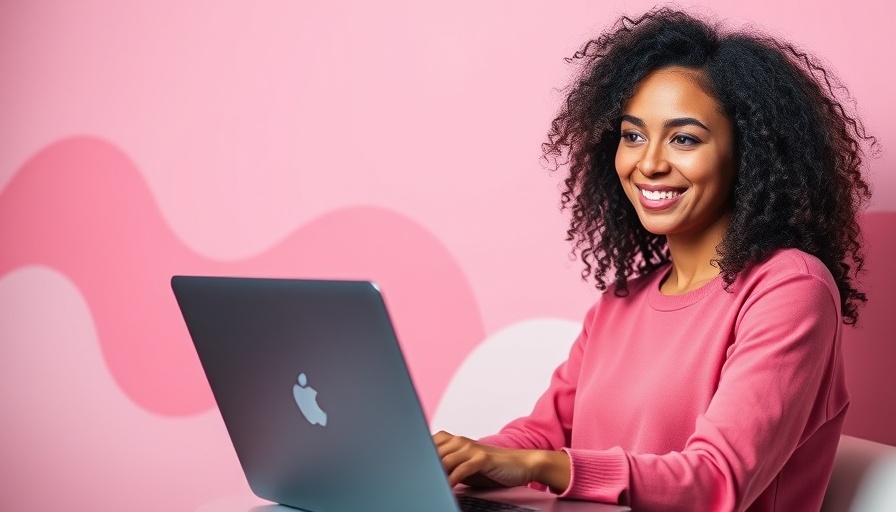 Young woman using laptop in modern pink setting; social commerce for MedSpas.