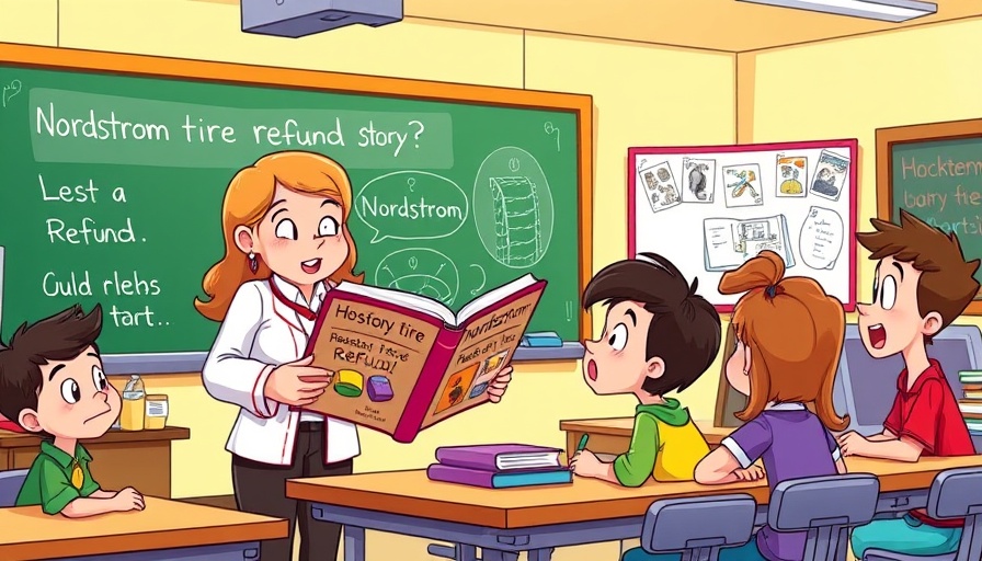 Cartoon illustrating Nordstrom's tire refund story in a classroom setting.