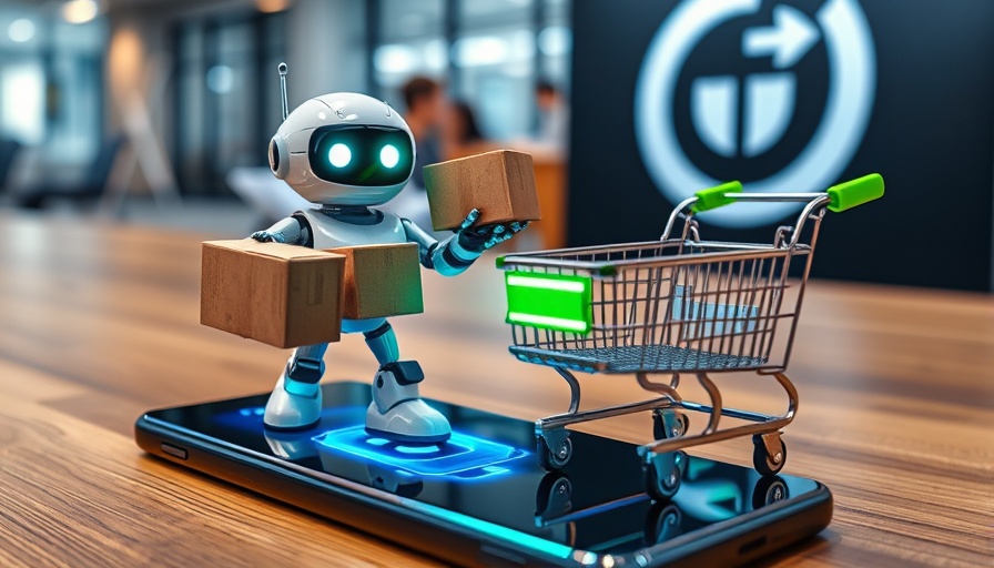 Robot on smartphone with shopping cart and logo, OpenAI Shopify Shopping Search.