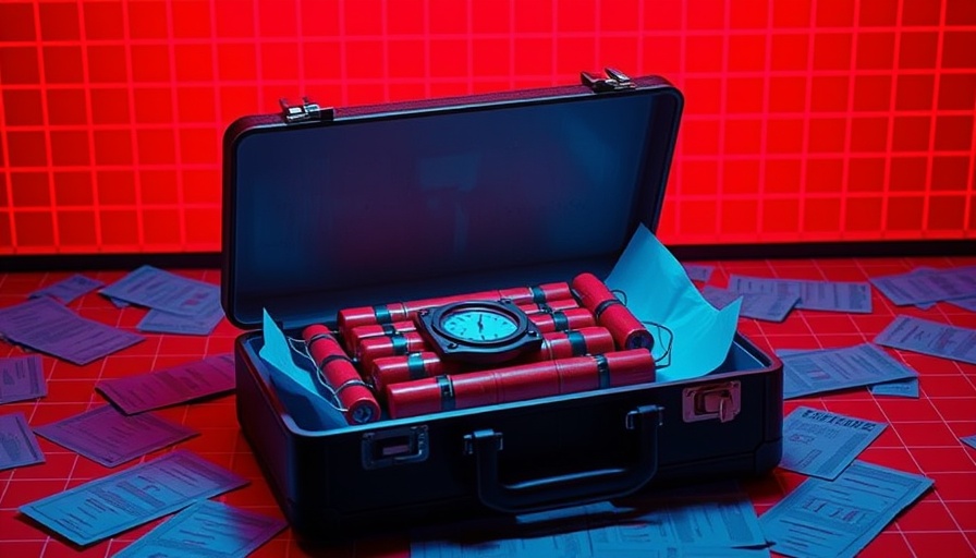 Red dynamite in briefcase symbolizing job crisis, intense background.