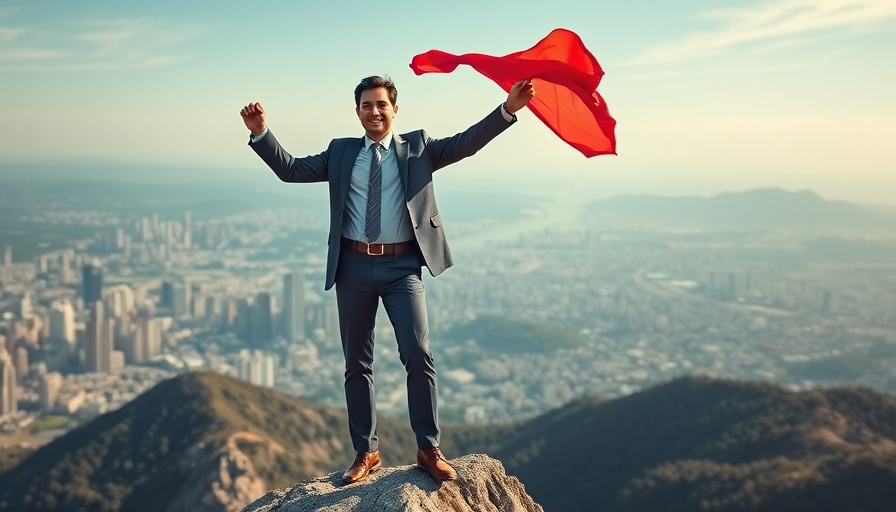 Businessman waving red flag over city suggesting triumph.