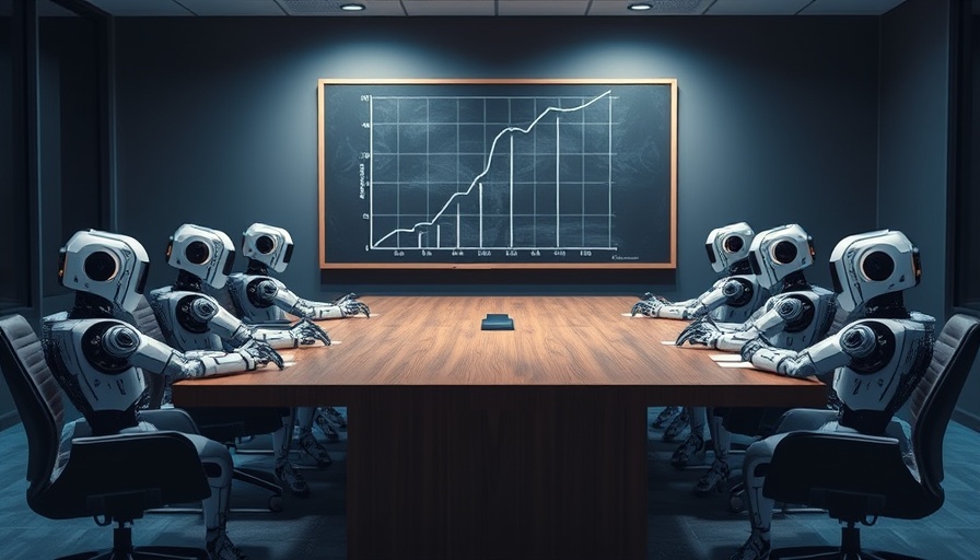 Futuristic AI notetakers in a meeting room with graph board.
