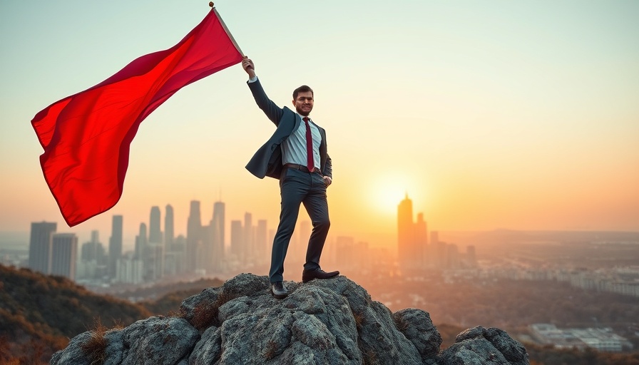 Business professional raising a red flag over city skyline.
