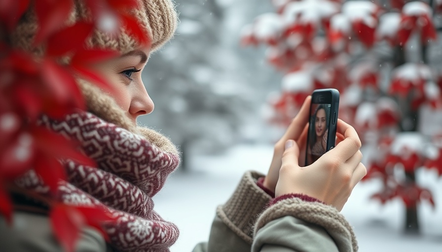 Woman taking a photo in snowy background, cozy winter attire, repost on Instagram.