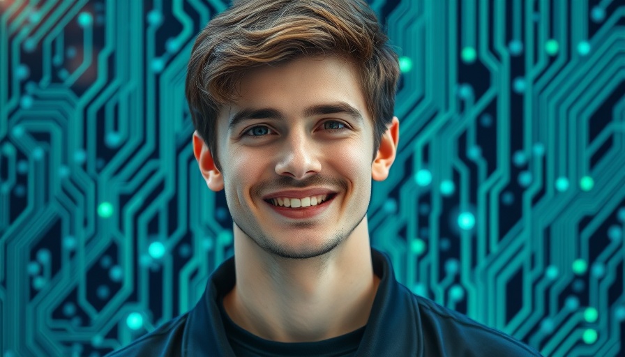 Futuristic Sci-Fi young man smiling with digital circuits background, AI Data Centers.