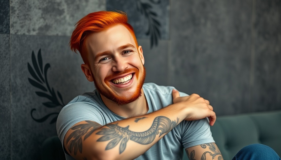 Man with red hair smiling indoors, arm tattoo, casual setting.