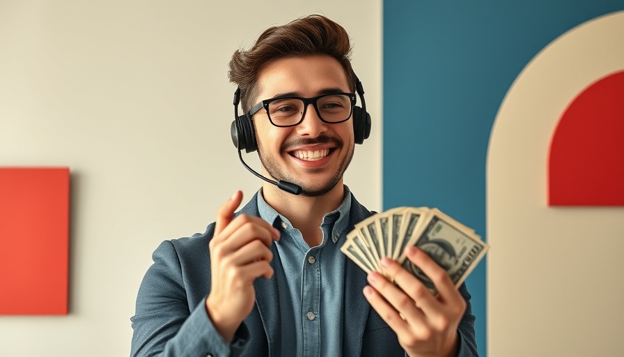Venture capital CRM: businessman with headset and cash, modern layout.