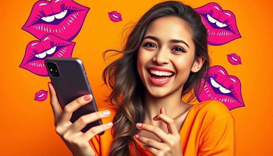 Pop art style image of a smiling woman with phone and floating lips.