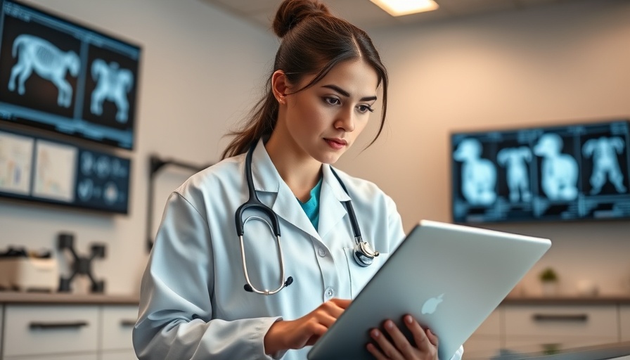 Young veterinarian using laptop and tablet in modern office, AI integration in veterinary education.