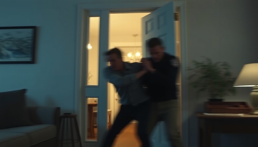 Blurry doorway altercation suggesting police use of force, indoor scene.