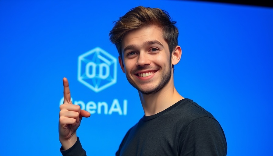Confident young man pointing at OpenAI logo on blue background.