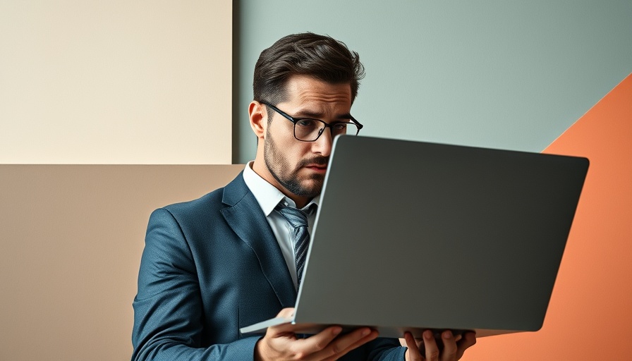 Curious businessman examining laptop, abstract design, Contact Us page best practices for MedSpas.