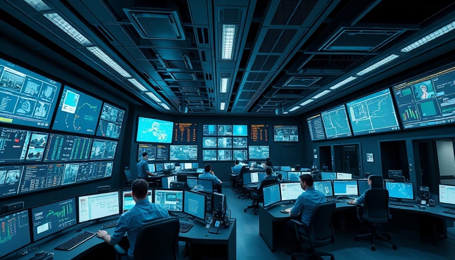 Modern Next Generation 911 system control room with operators and screens.