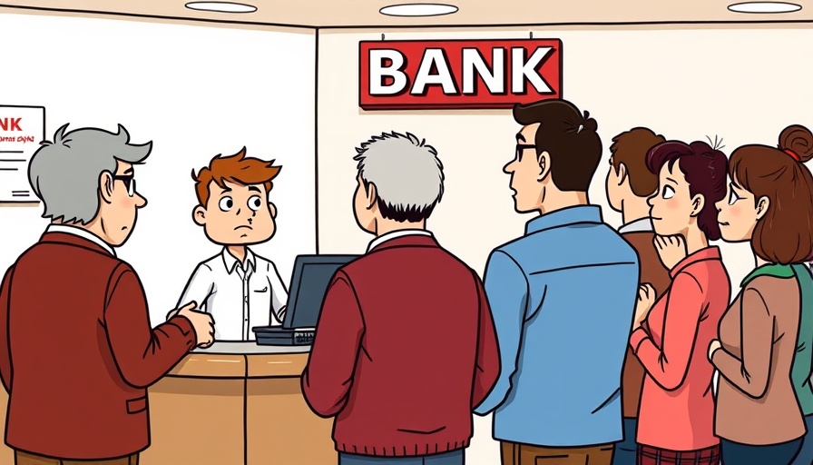 Humorous cartoon of a bank scene discussing AI convenience.