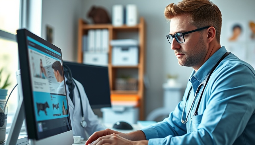 Veterinarian analyzing disconnected veterinary platforms data on a computer.