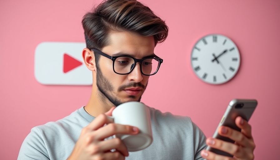 Modern young man using phone with YouTube logo, pastel background.