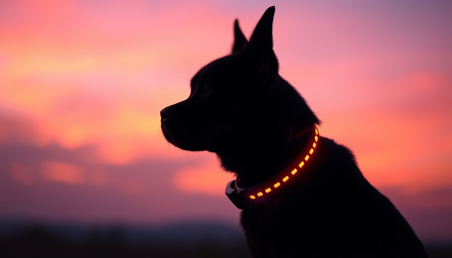 Silhouette of a dog with glowing AI-powered collar at dusk.