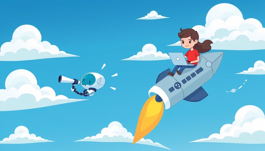 Illustration of a robot and person on a rocket symbolizing AI and technology