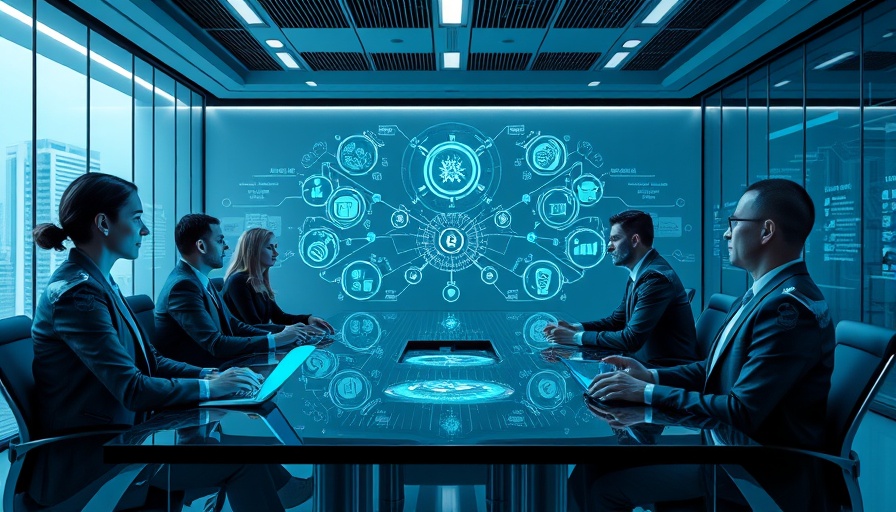 Futuristic business meeting with AI holograms in a modern conference room.