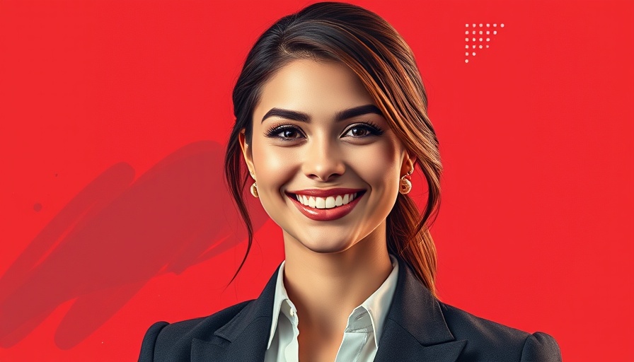 Stylized portrait of confident woman in digital art, red abstract background.