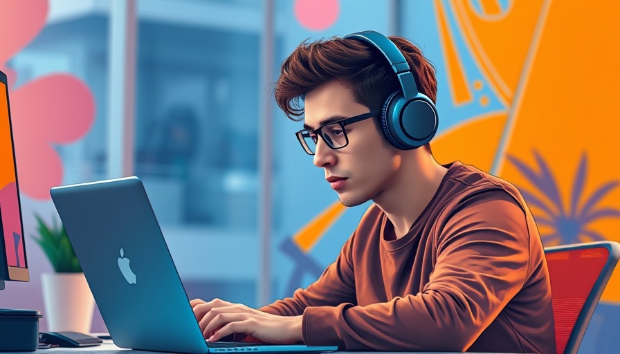 Young man with headphones coding HTML embed codes in vibrant workspace.
