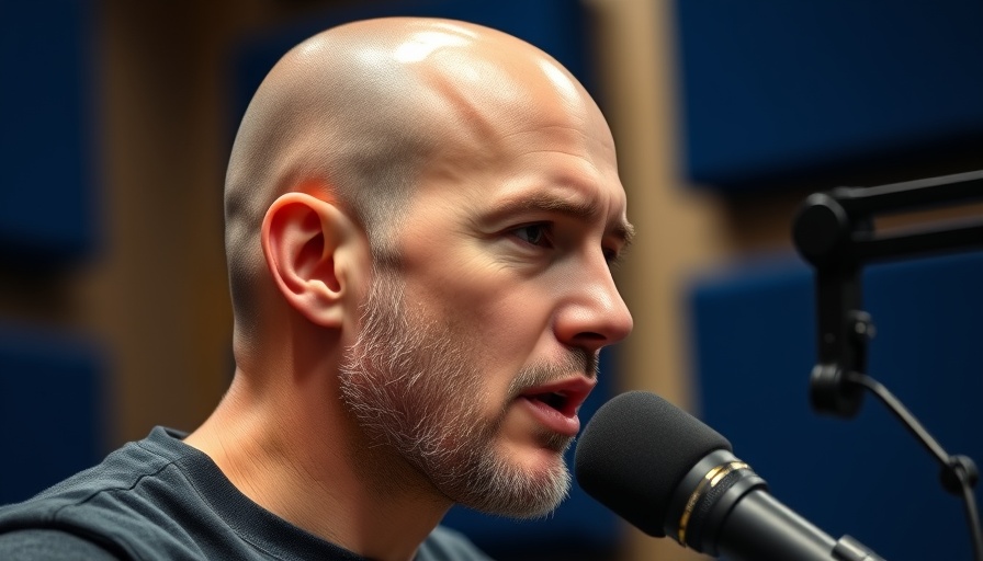 Man in podcast studio speaking into microphone, medspa marketing discussion.