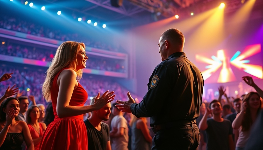 Engaging moment with concert fan in red dress and security guard, vibrant stadium.