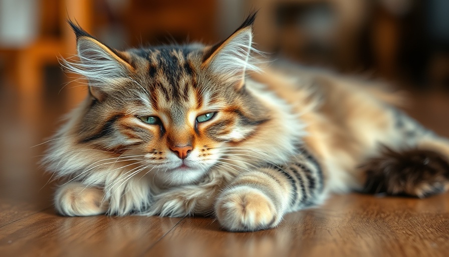 Fluffy cat lying on a wooden floor indoors, warm and cozy.