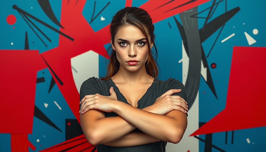 Confident young woman crossing arms in bold graphic design