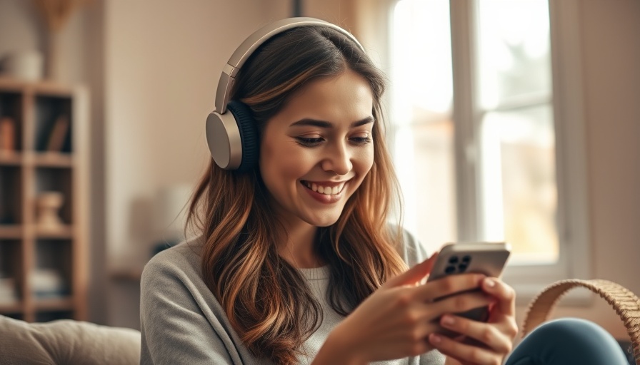 Young woman enjoying trending songs on TikTok with headphones.
