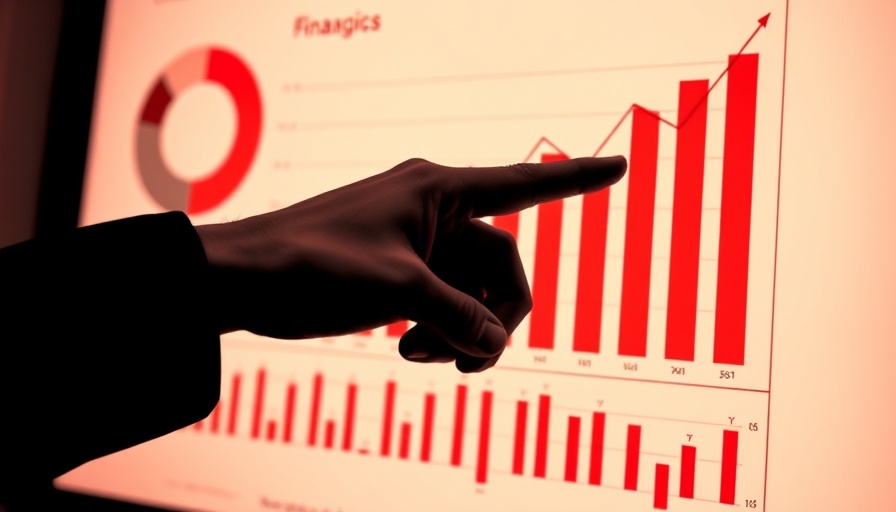 Monochrome hand pointing at a financial chart, red background.