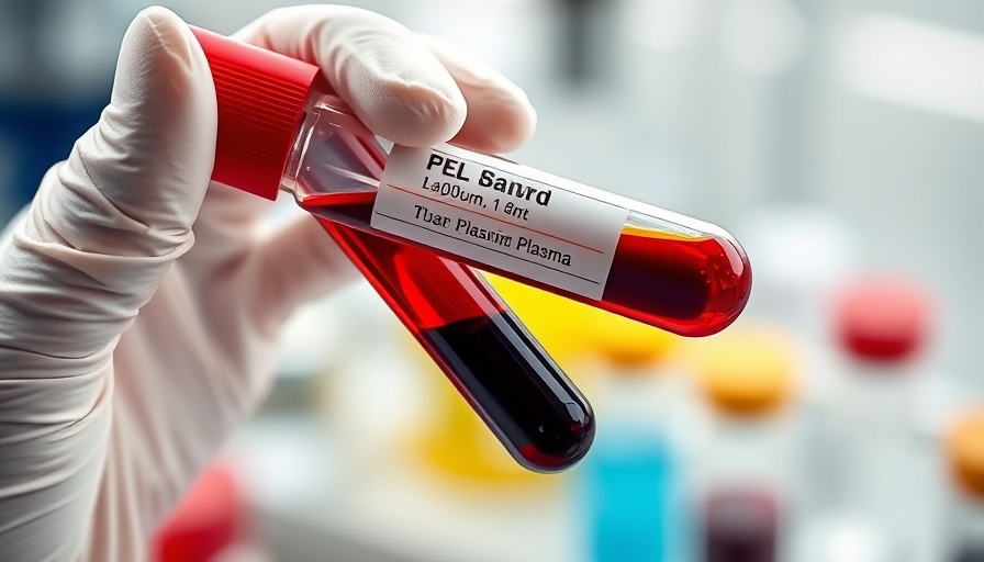 Gloved hand holding blood sample tube in laboratory setting.