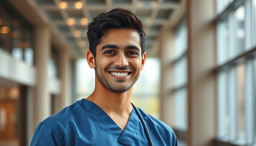 Opportunities in veterinary school, young man in scrubs, bright space.