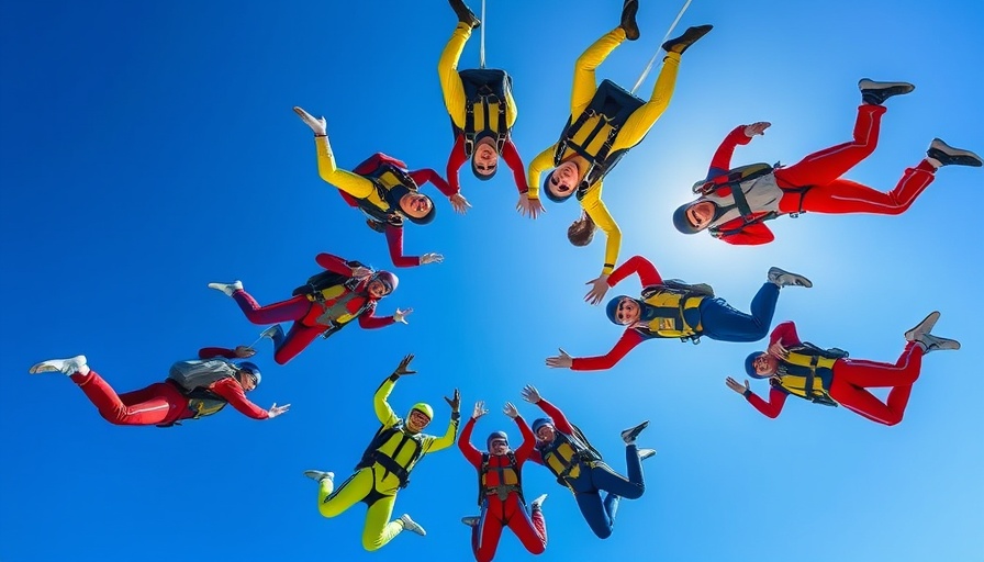 Skydivers forming a circle in the sky, symbolizing leadership.