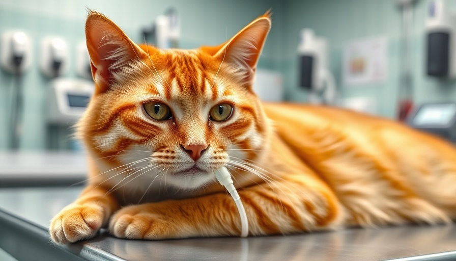 Orange tabby cat with feeding tube at vet for severe feline illness oclacitinib ingestion.