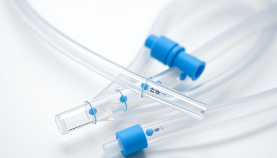 Translucent medical tubing with blue connectors in sustainable contract manufacturing.
